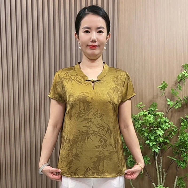 妈妈装夏季新中式盘扣小衫2025新款中老年女装夏装立领国风上衣