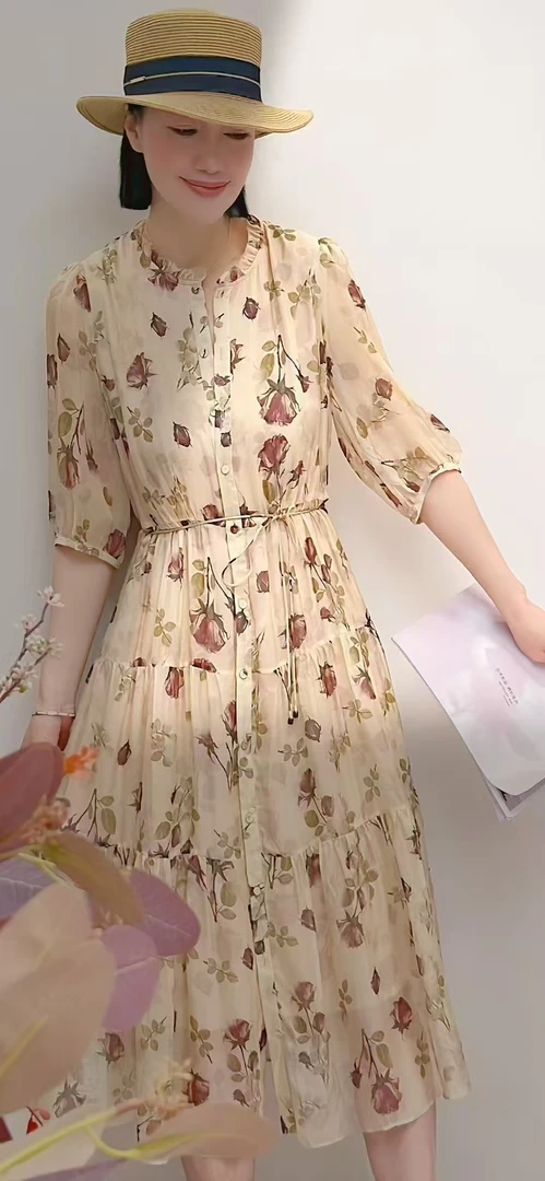 印花小立领大摆裙碎花春季连衣裙百搭裙子夏季显瘦气质长裙