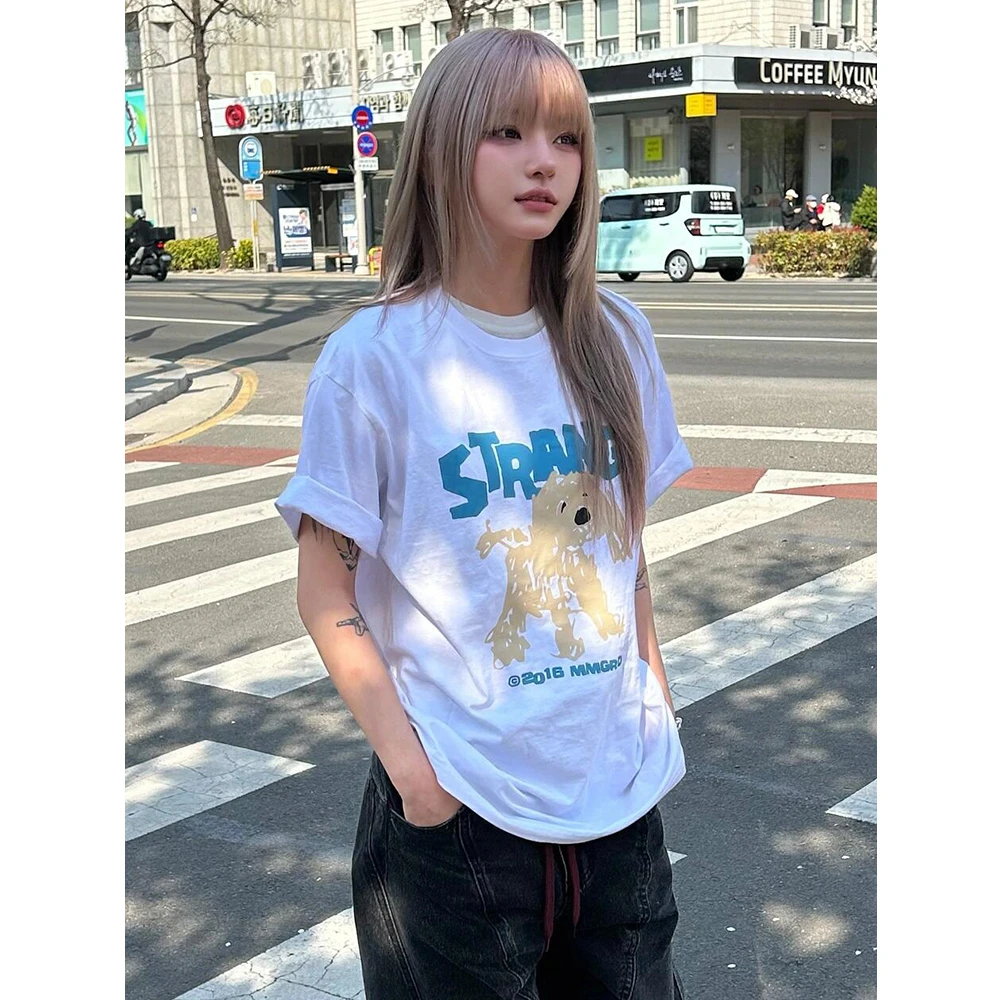 韩系休闲ins风潦草小狗印花涂鸦短袖T恤女夏季纯棉显瘦圆领上衣