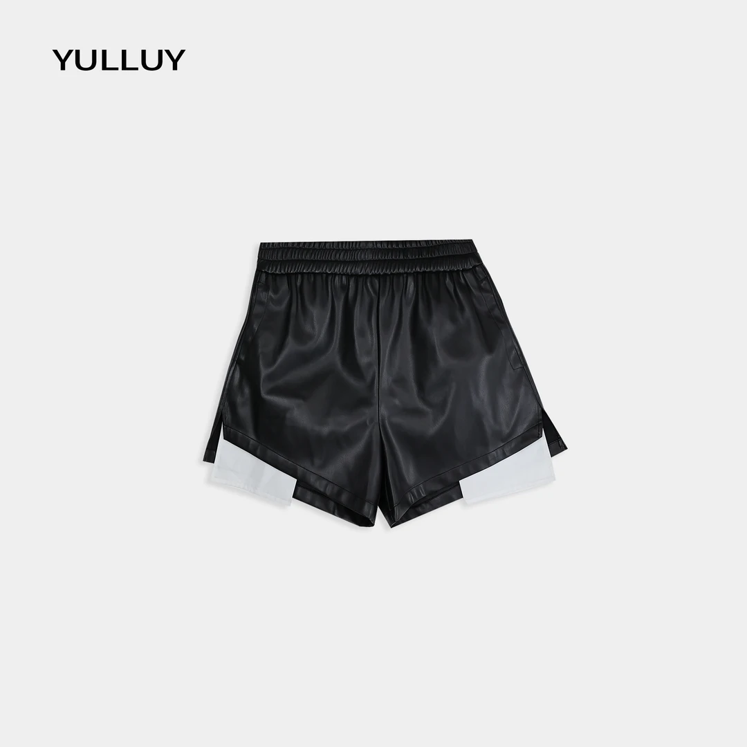 YULLUY【贴布口袋皮短裤】 春夏款松紧腰贴布口袋皮裤25SSG0803