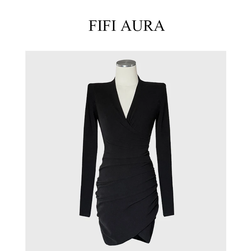 FIFIAURA 慕斯绒V领修身褶皱包臀长袖连衣裙设计师轻奢黑色收腰