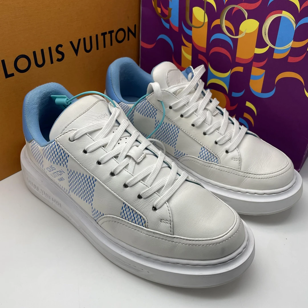 95新 LouisVuitton/路易威登 39.5欧码/二手白蓝棋盘休闲松糕鞋