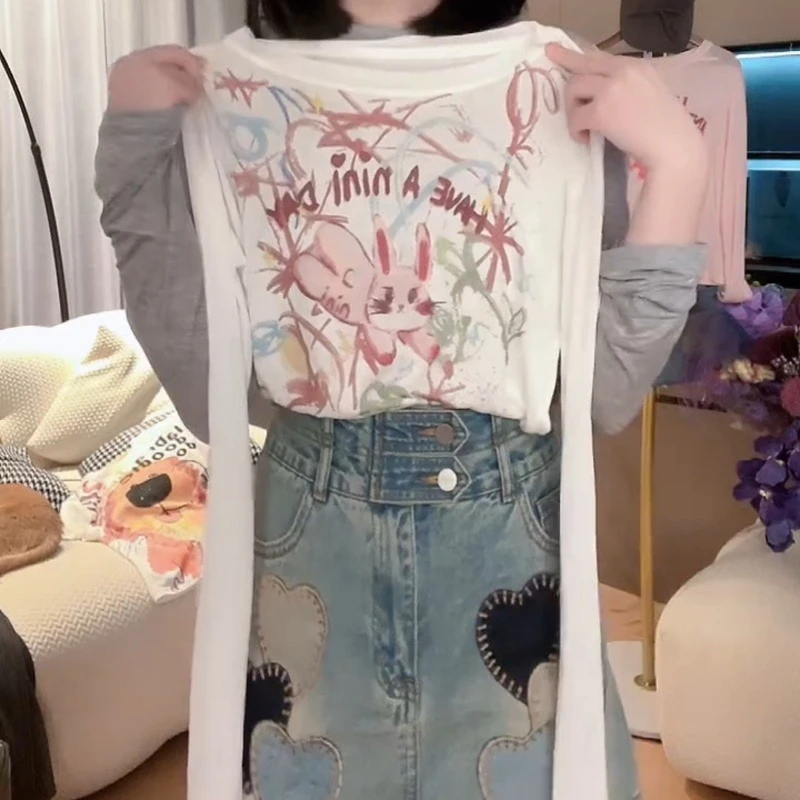 【粉兔兔防晒】卡通趣味美式街头宽松百搭时尚T恤上衣LK2502222