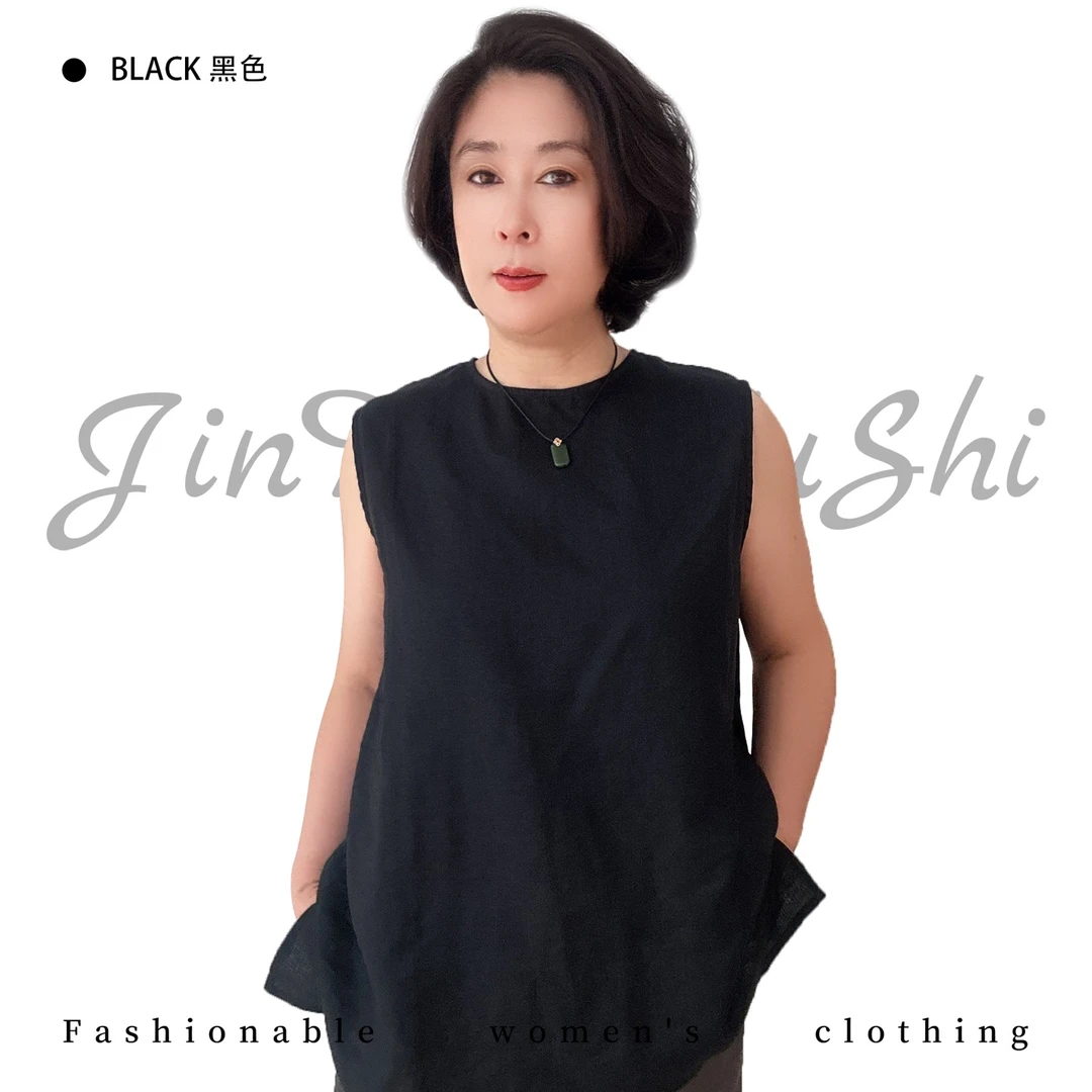 高品质亚麻设计款马甲上衣女    中年妈妈时尚慵懒风无袖马夹1701