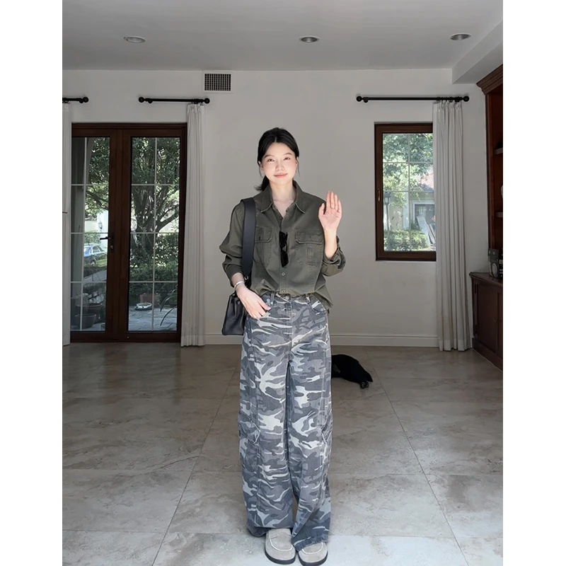 郭九九呢 100%棉美式复古工装宽松衬衫迷彩休闲裤长裤 G924C09060