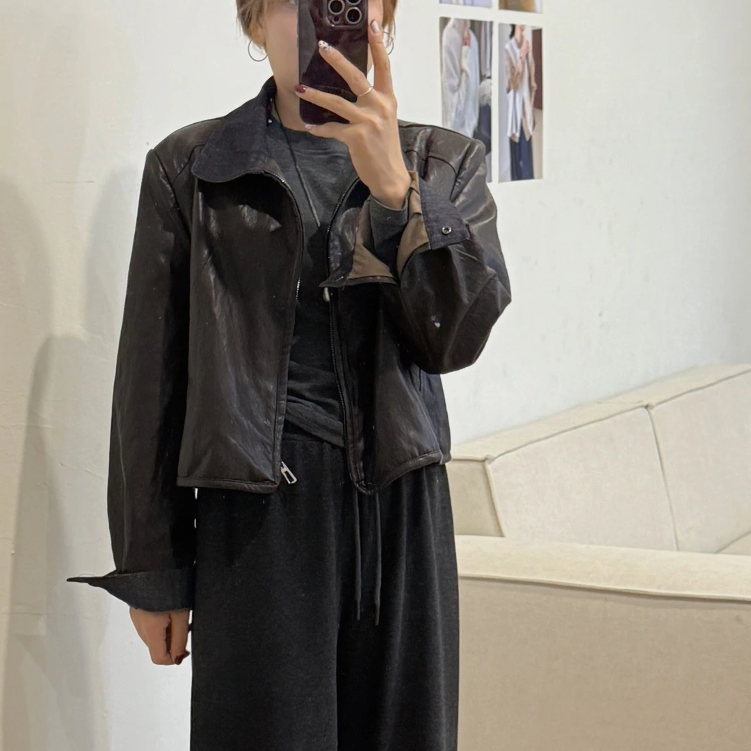 大妍小个子秋冬韩系简约修身显瘦短款翻领百搭皮衣外套8912