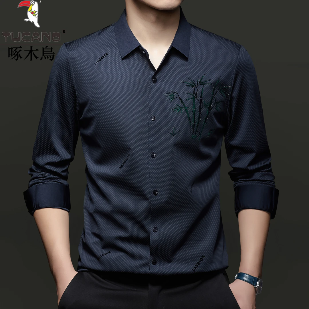啄木鸟春秋季男士商务休闲长袖衬衫抗皱显瘦植绒免烫无痕弹力衬衫
