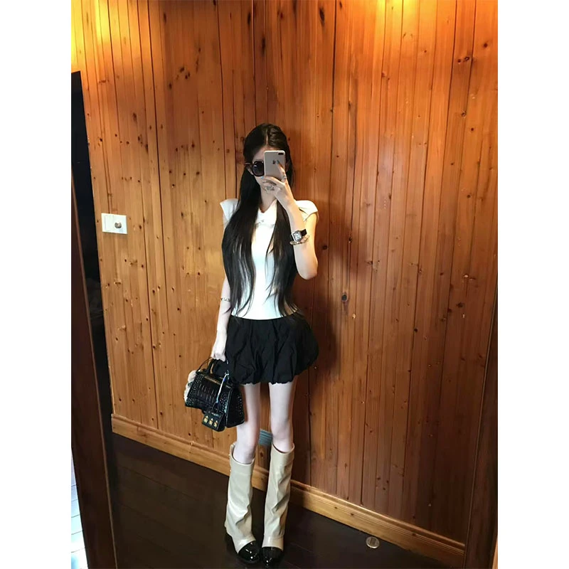 翻领拼接短款正肩小飞袖T恤女夏季新款小香风无袖黑色百搭短裙女