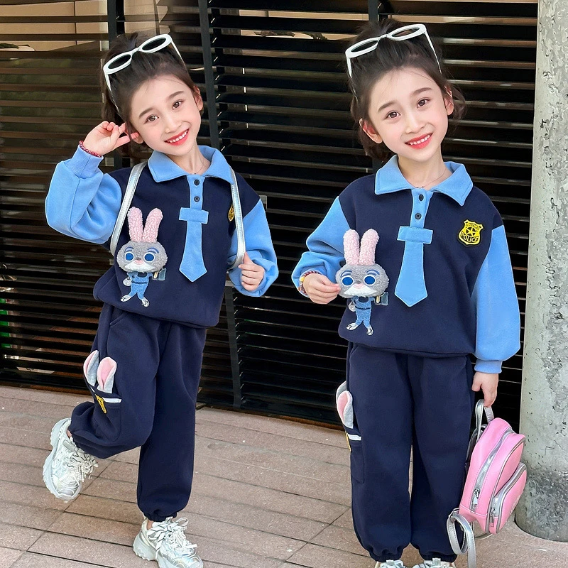 女宝宝秋冬季加绒朱迪警官套装2025新款中小童卡通兔子卫衣两件套