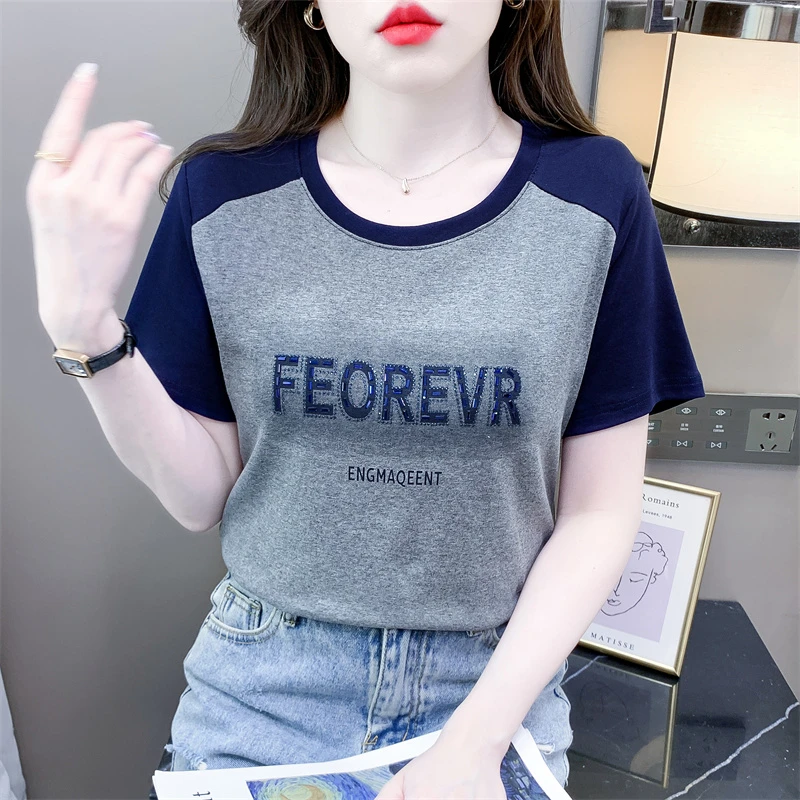 时尚拼色拼接撞色短袖t恤女夏季新款宽松显瘦休闲百搭圆领上衣