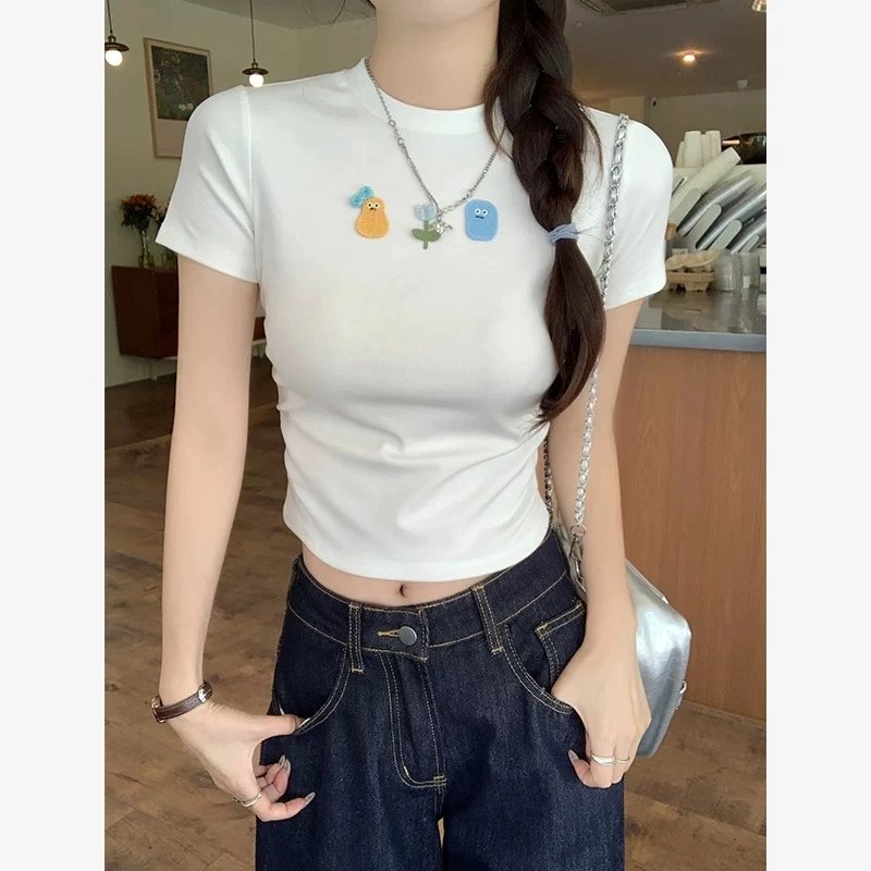 侧抽褶修身小贴标白色短袖T恤女夏季新款正肩短款上衣