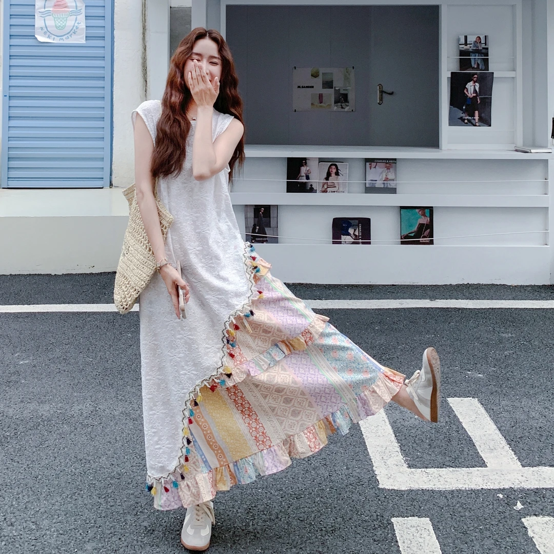 多巴胺度假风叠穿套装裙女2025夏季新款流苏罩衫印花半身裙两件套