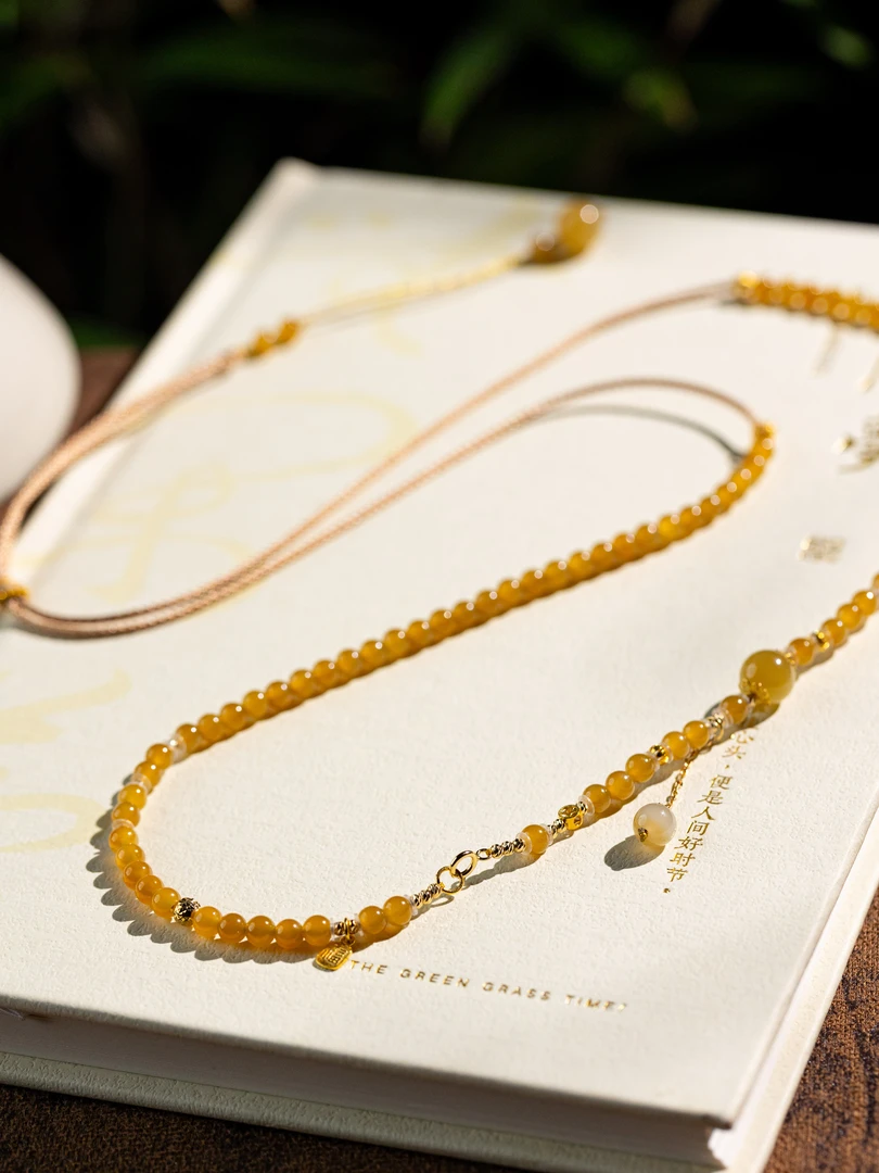 【乔笙】18k金且末糖黄金糖和田玉长珠链3.5m+ D2278