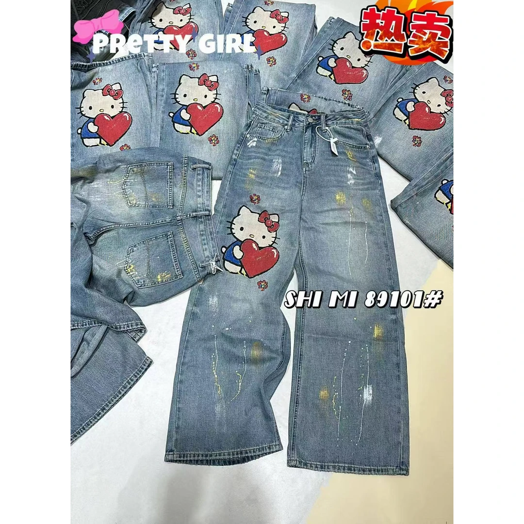 韩国INS时尚印花水洗怀旧牛仔裤