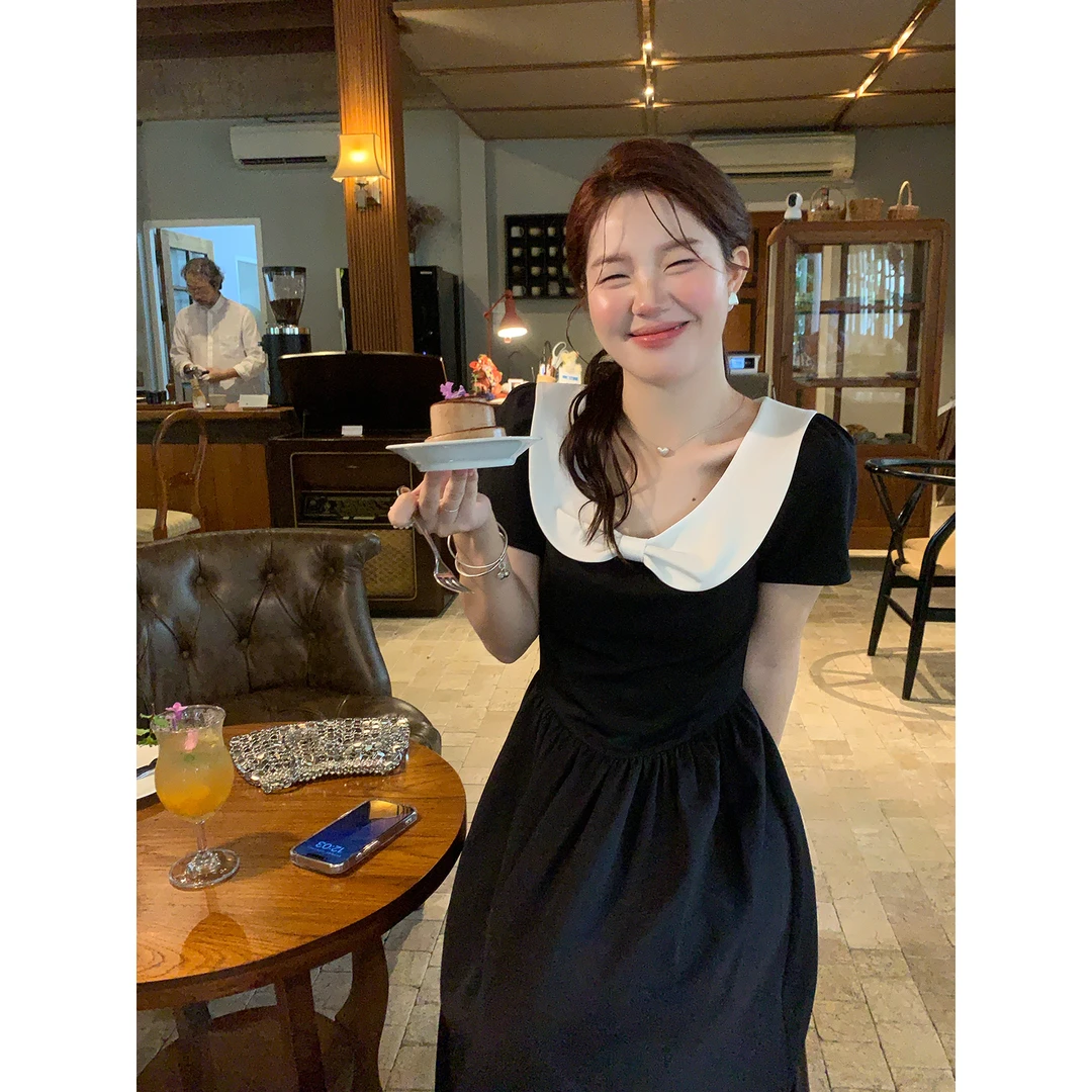 火火火【气质在线】韩系收腰撞色娃娃领连衣裙L35537HH52