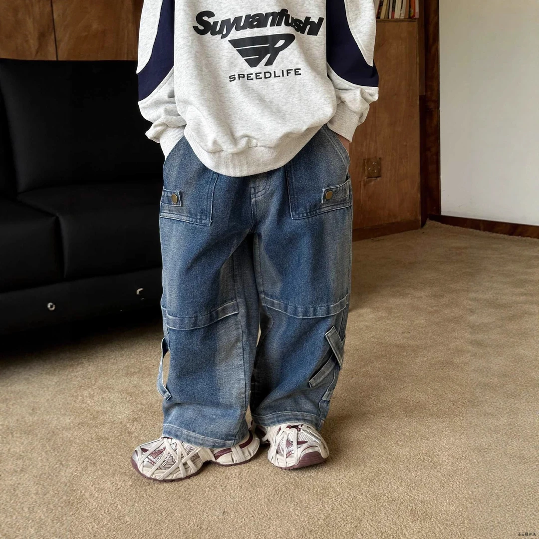 男童牛仔裤宽松百搭秋季工装裤宝宝潮牌中小童直筒韩版阔腿裤破洞