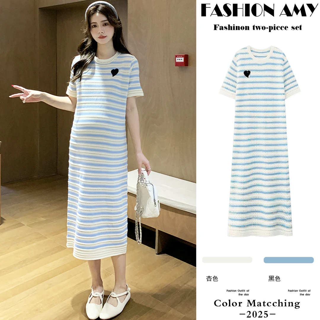 孕妇连衣裙夏季新款2025时尚韩版蓝色针织条纹冰丝镂空短袖T恤裙1