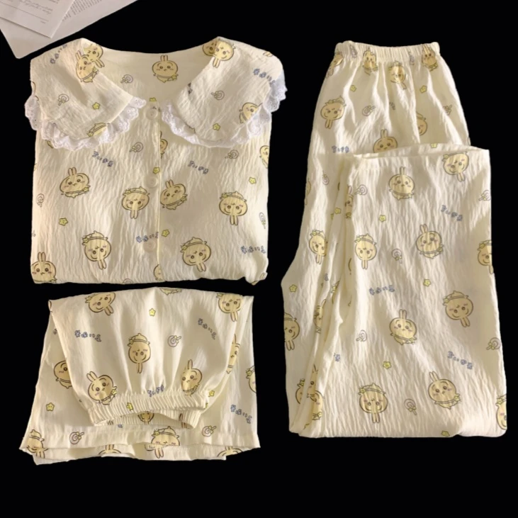 夏季新款睡衣女短袖三件套学生卡通卡哇伊云朵棉可爱家居服可外穿