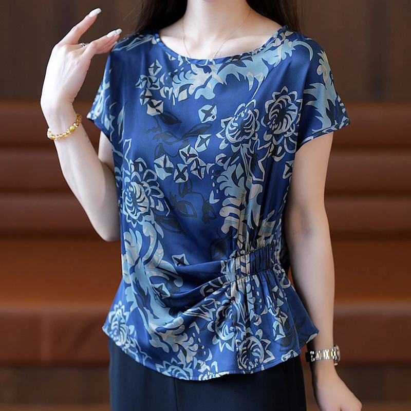 2025新款夏季通勤短袖女洋气减龄圆领T恤小衫褶皱收腰显瘦上衣薄