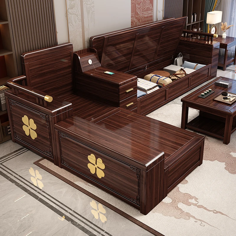 新中式乌金木实木沙发组合冬夏两用高箱储物大小户型客厅高端