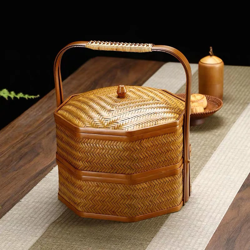 竹编提篮大漆双层食盒提盒中式复古茶具收纳盒点心零食水果野餐篮