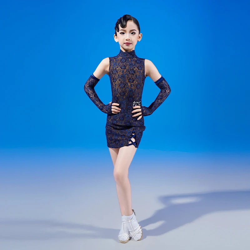 FZS DANCE L304 秋季新款拉丁舞服女蕾丝旗袍款国风练功服 蓝色