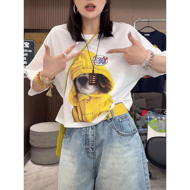美式带帽小狗短袖T恤女2025夏季新款洋气时尚百搭半袖超好看上衣