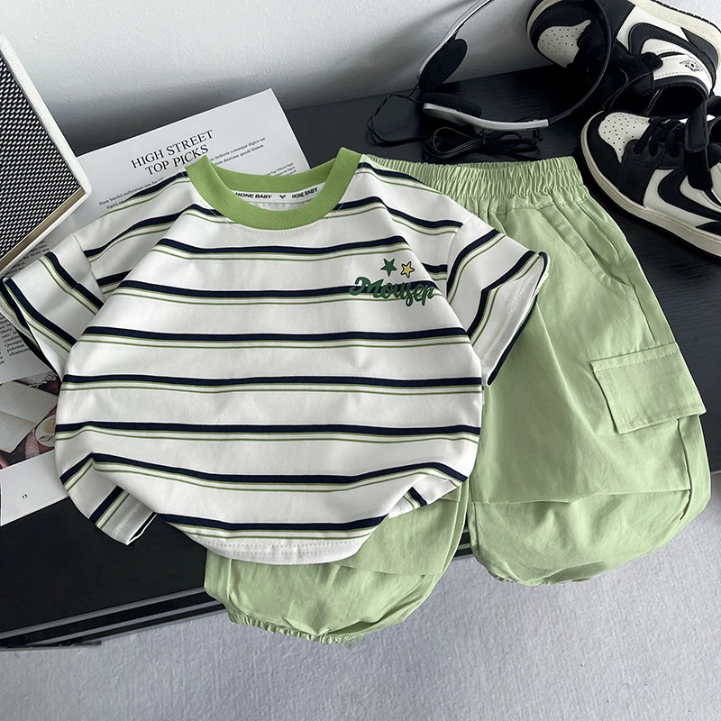 Budbebe孩装男童夏装套装新款酷帅运动小童薄款短袖长裤男孩夏季