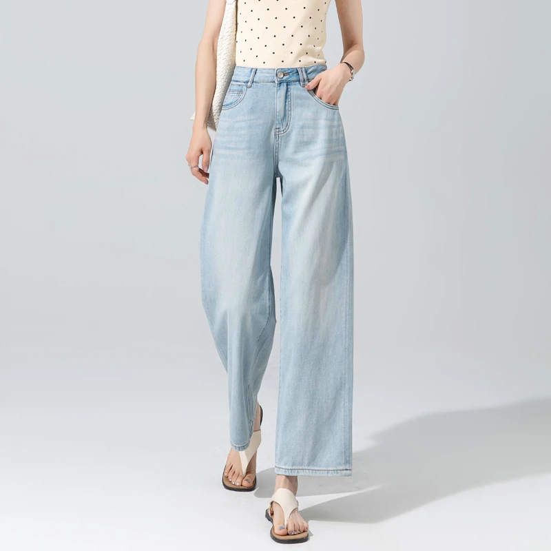 莱赛尔天丝牛仔裤女夏薄款阔腿裤女2025新款冰丝直筒裤宽松九分裤