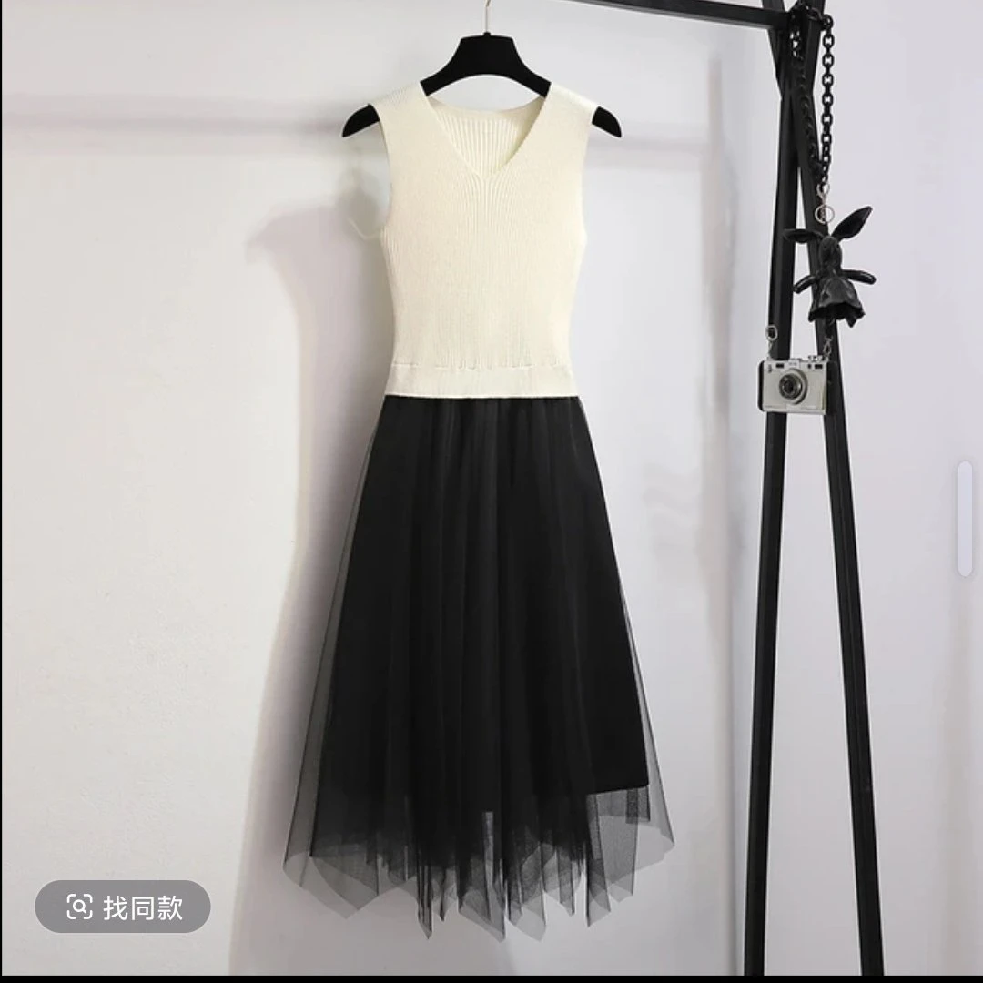 (D01-D100)黑色气质女装春夏背心时尚套装时尚中长款打底显瘦韩版