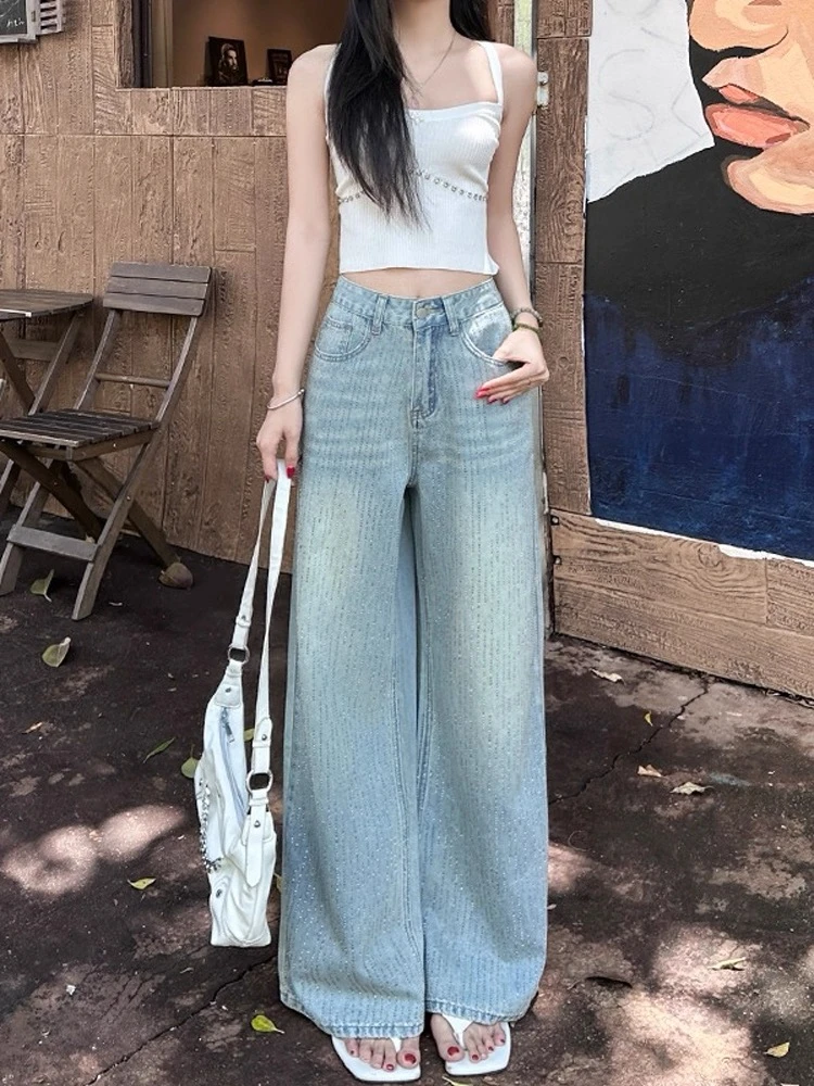复古重工流星雨烫钻直筒阔腿牛仔裤女夏季薄款高腰宽松显瘦小个子