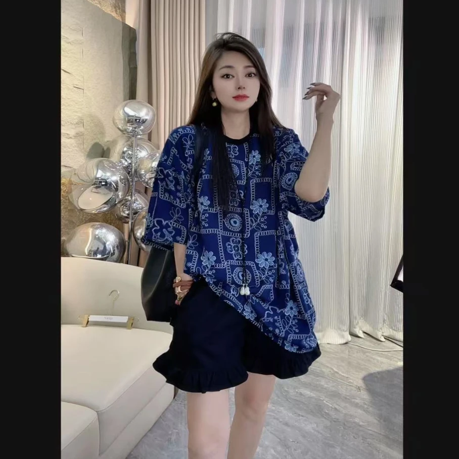 【乔家】Y329时尚百搭印花大版圆领T恤上衣