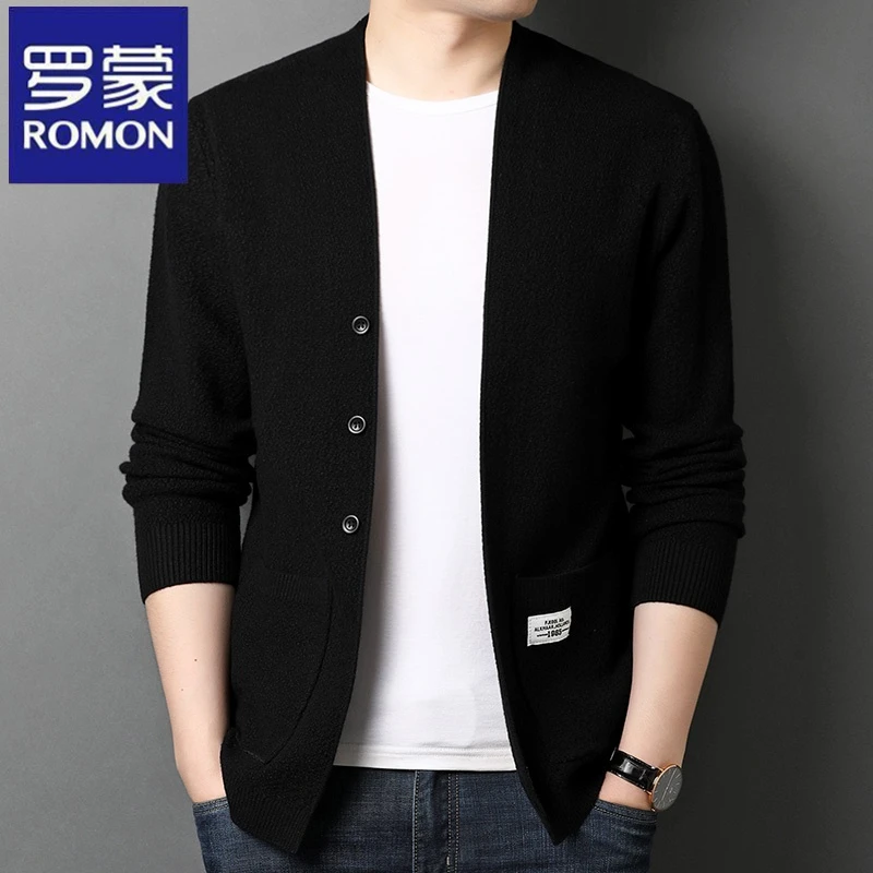 罗蒙春秋季新款高档百搭男士针织开衫中青年休闲毛衣外套纯色上衣
