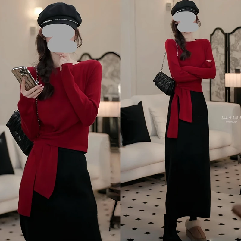 秋冬简约设计感显瘦下摆系带针织上衣毛衣打底百搭开叉毛绒半身裙