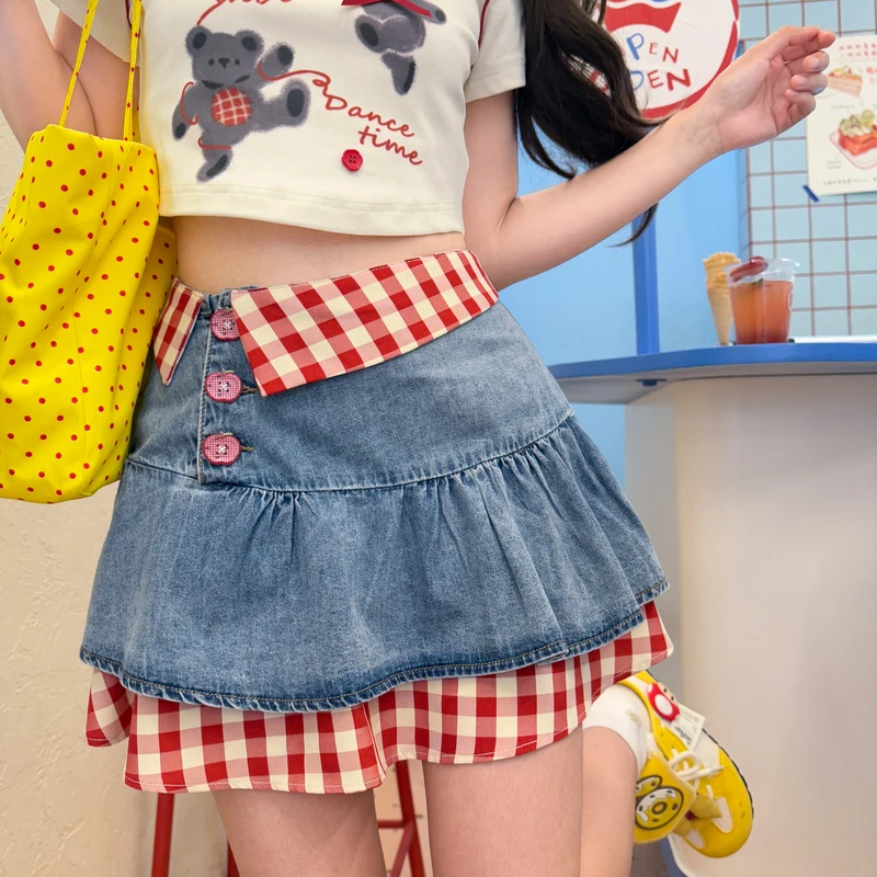 森女部落甜美原创假两件格纹拼接设计感半身裙女高腰短裙2025夏