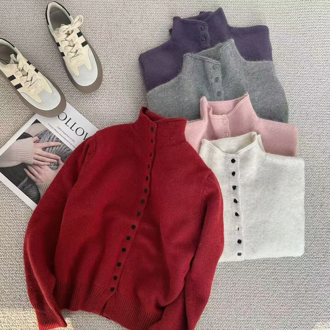 ［家淇穿搭］新款百搭修身时尚纯色极简风单排扣针织长袖开衫 51213