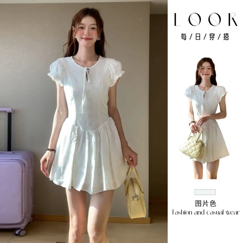 法式白色泡泡袖连衣裙女夏季小个子海边度假风短裙子财阀千金女装