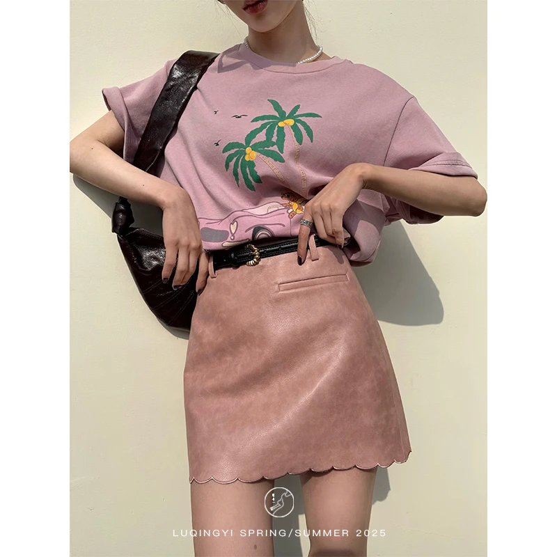 鹭青一原创【桃桃】PU皮半身裙女早春季法式波浪边短裙L25Q4060F