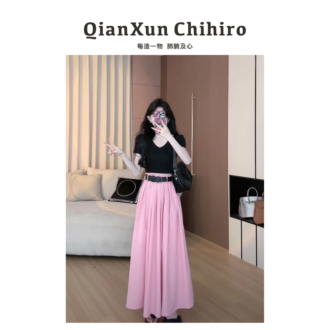 西恩定制优雅纯色设计粉色简约高腰大摆褶皱长裙X4BSQ6271A清凉