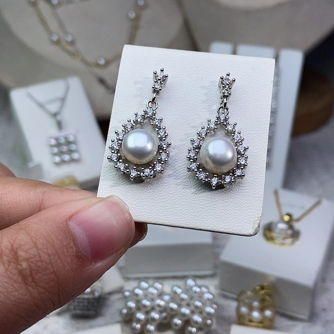 耳饰银S925镶嵌淡水珍珠