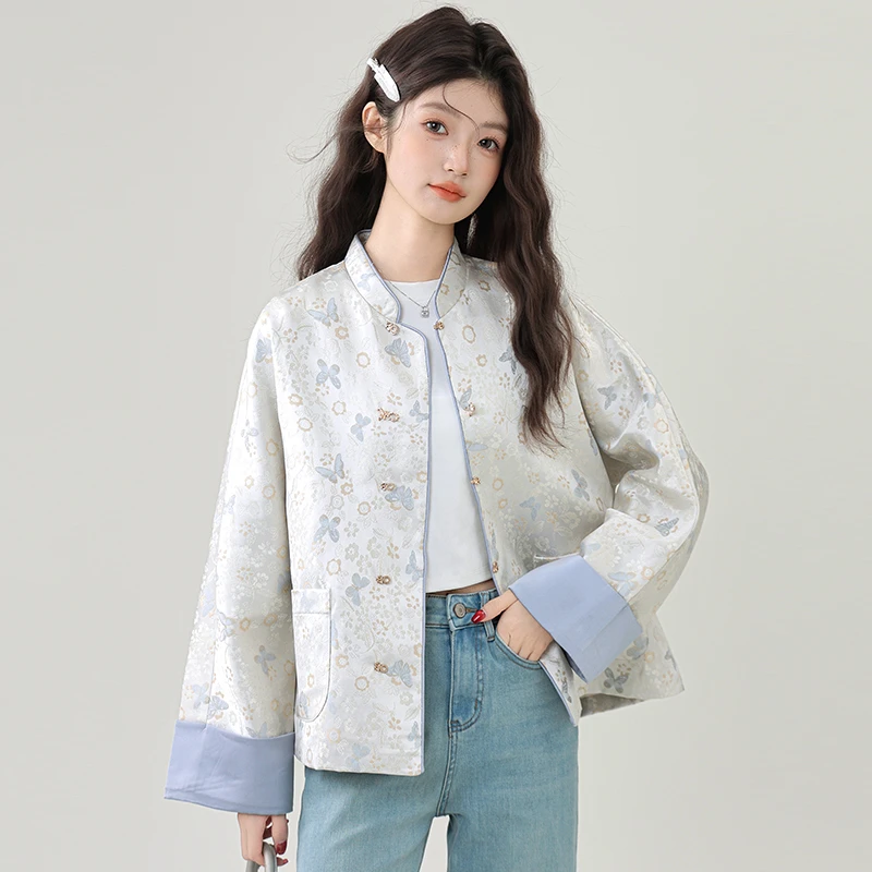 新中式国风盘扣短外套女2025春秋新款小个子刺绣缎面宋锦唐装上衣