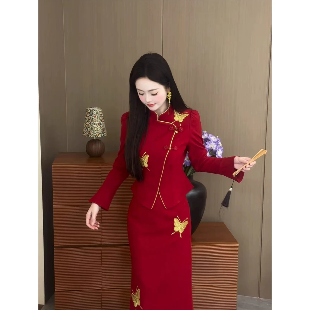 2025秋冬新中式国风修身旗袍上衣包臀半身裙唐装敬酒礼服两件套装