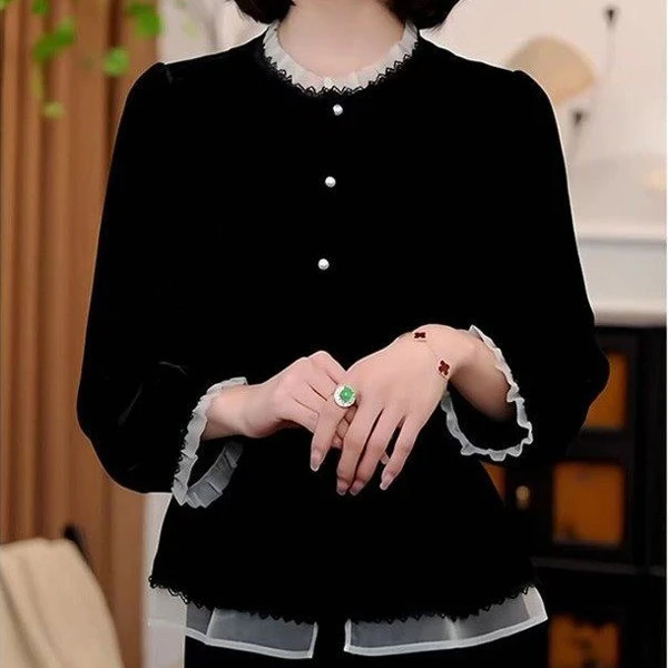 春秋季时尚长袖修身丝绒打底衫显瘦气质百搭上衣洋气小香风黑色