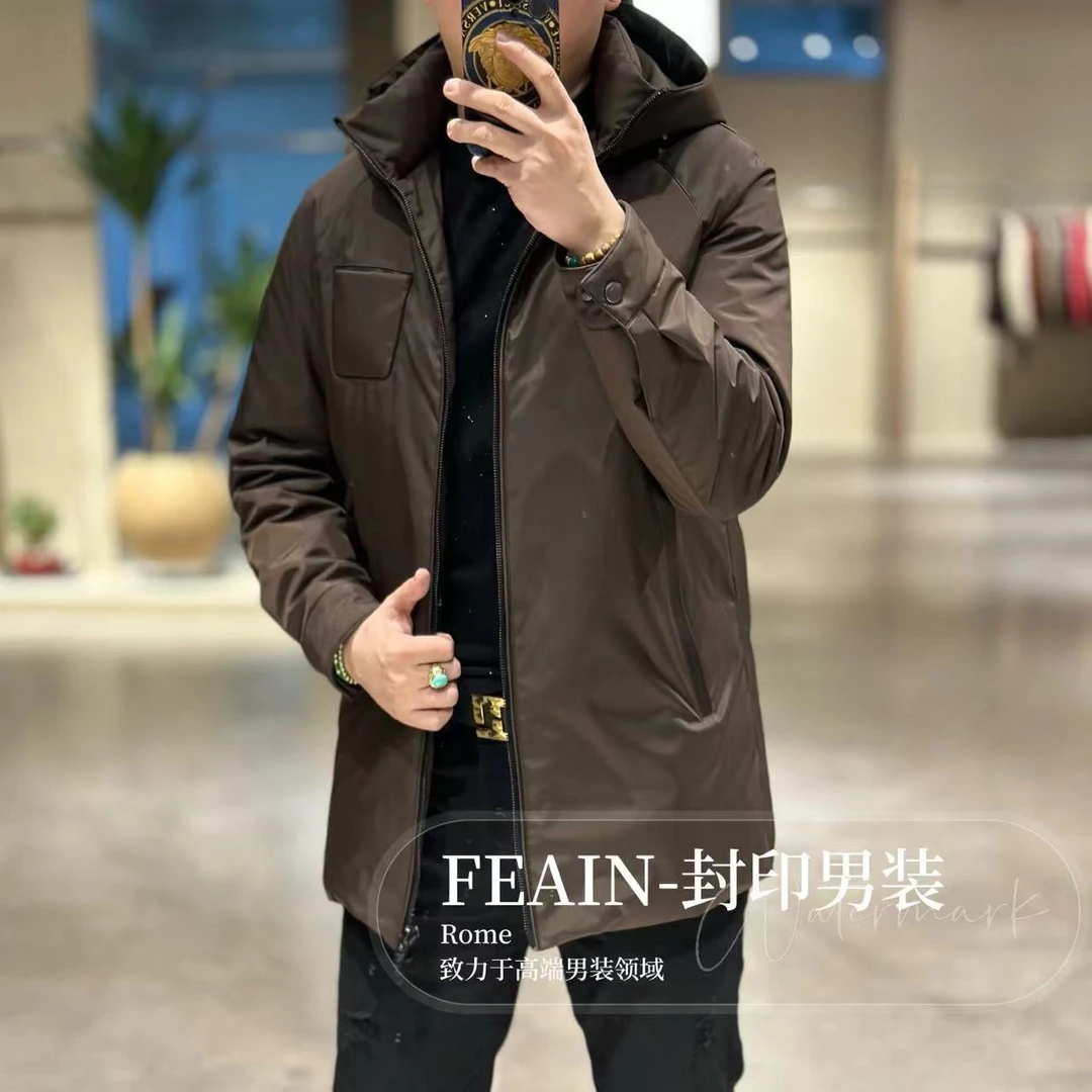 【鹅绒真皮桑蚕丝】高端男士真皮拼接连帽桑蚕丝90鹅绒羽绒服8133