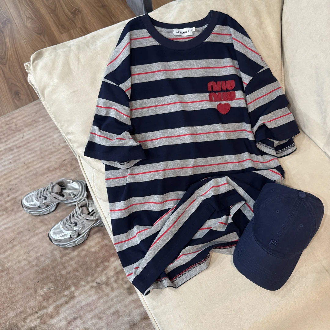 【红心条纹】夏季宽松大版型条纹贴布绣圆领短袖T恤CP303