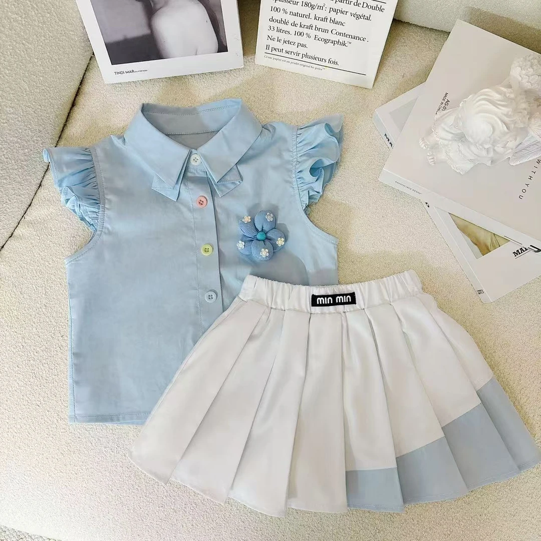 女童夏装套装2025新款宝宝儿童洋气飞袖衬衫百褶裙子