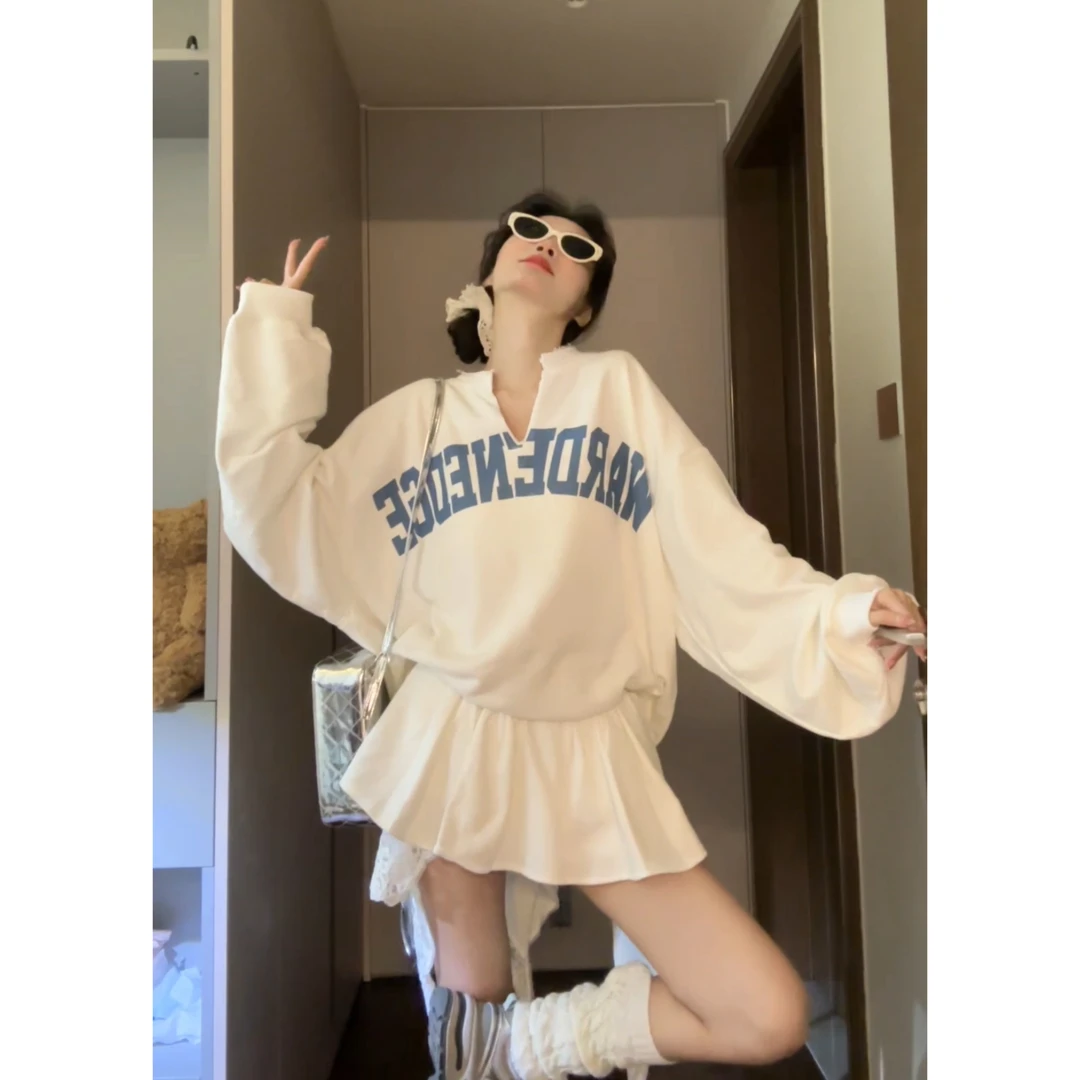 Seven七分糖美式套装宽松休闲字母印花长袖卫衣高腰半身裙两件套