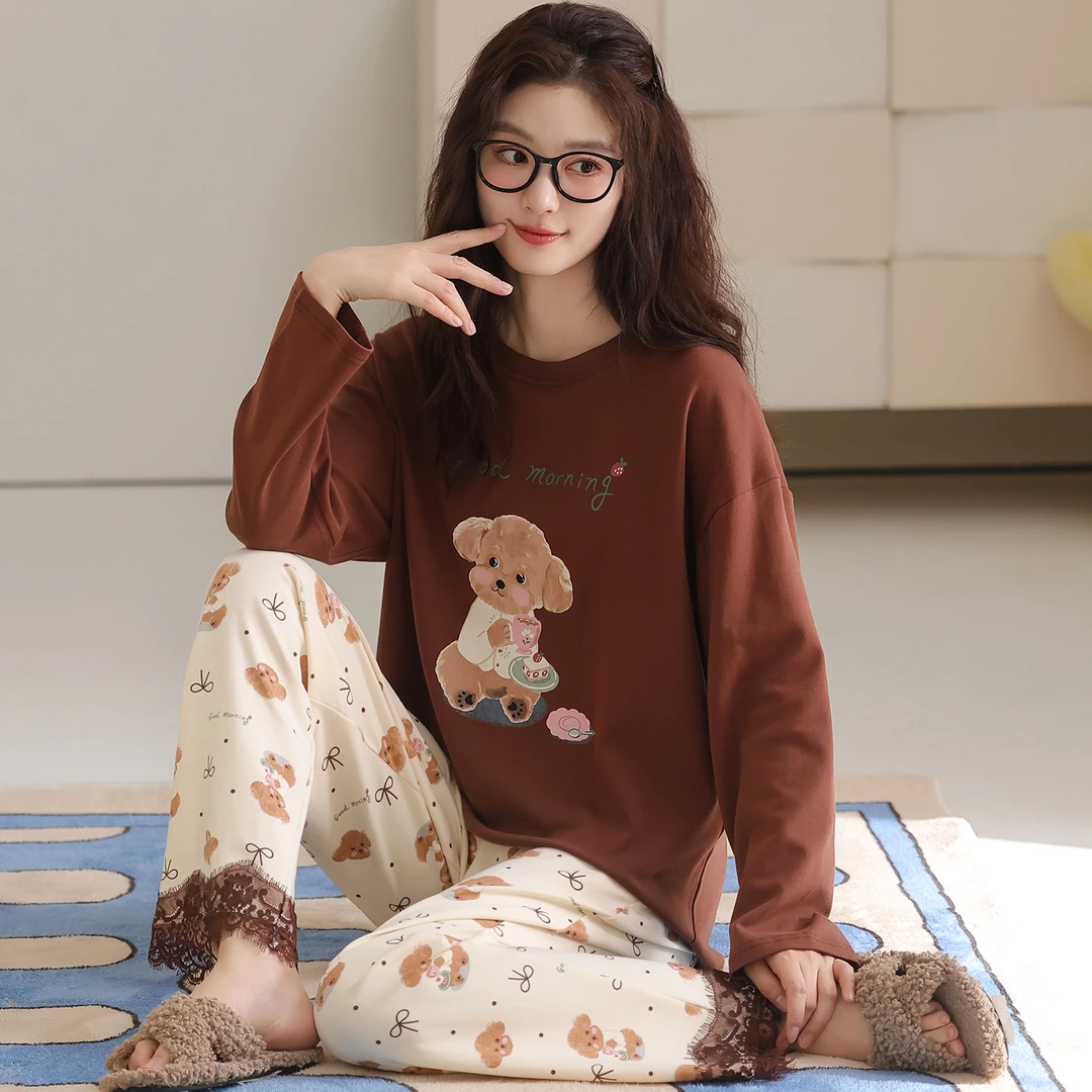 卡之恋睡衣女春秋季新款长袖纯棉蕾丝红棕色熊熊洋气可外穿居服