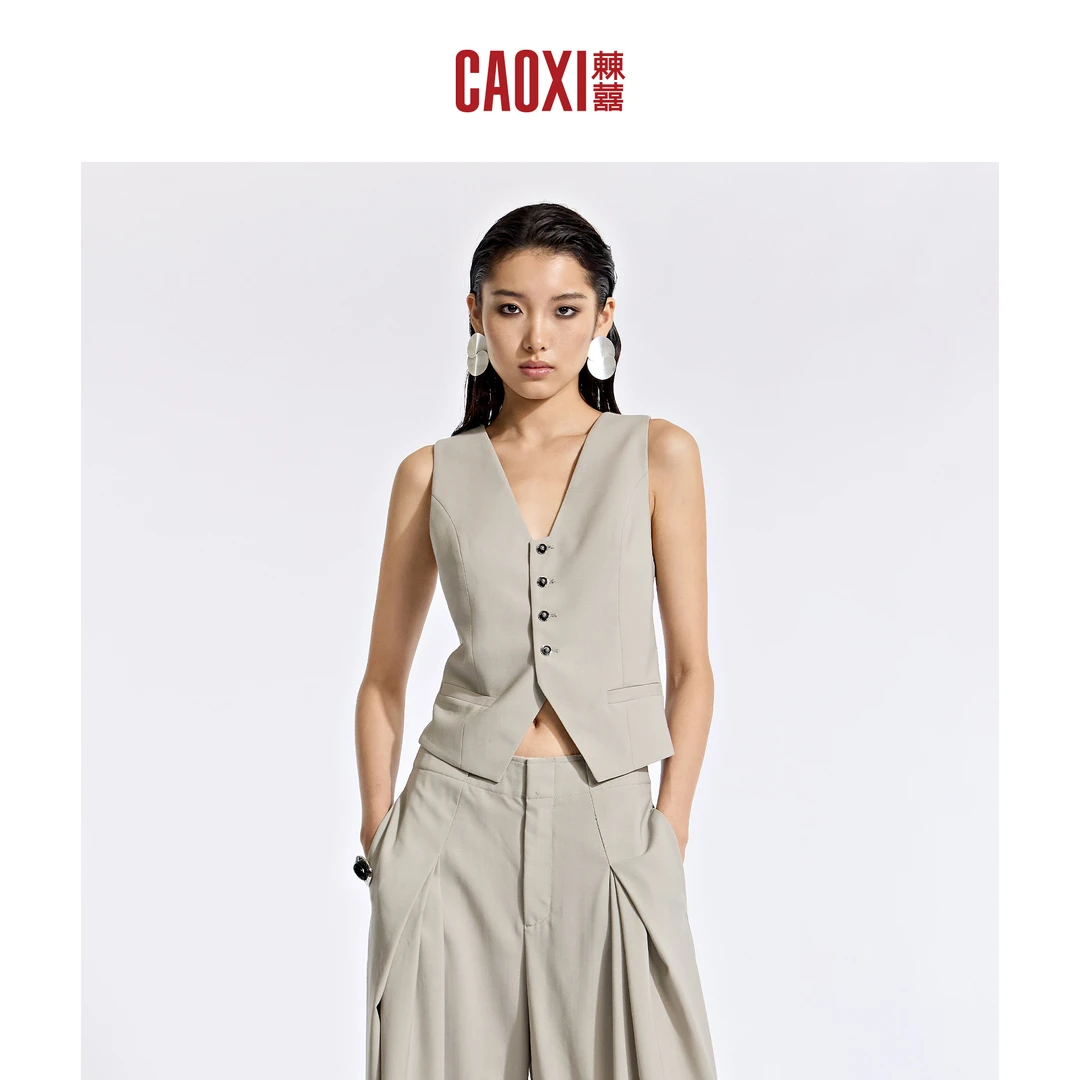 CAOXI㯥囍 后背镂空露背V领西装无袖马甲女2025夏酷飒背心上衣