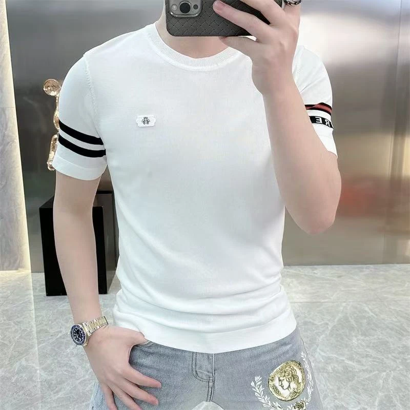 2025新款欧货轻奢时尚潮流休闲纯色韩版修身冰丝针织圆领短袖